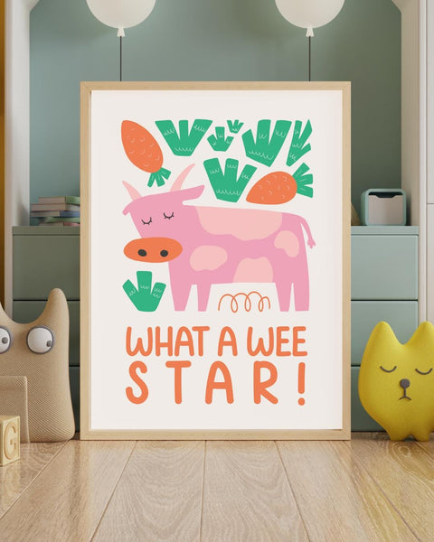 Scottish Cow Nursery Print, What A Wee Star Wall Art, Cute Farm Animal Nursery Decor, Scottish Baby Gift, Colourful Kids Room Print