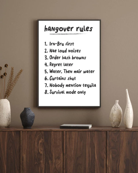 Scottish Hangover Rules Print | Funny Scottish Wall Art | Irn-Bru Gift | Pub Decor | Housewarming Gift (Unframed)