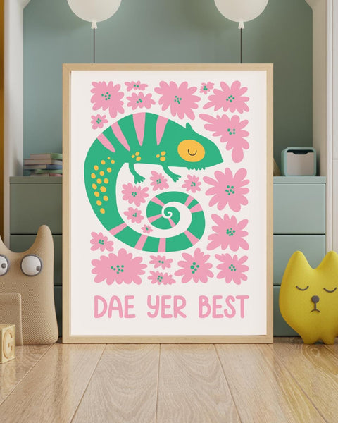 Dae Yer Best Scottish Nursery Print, Colourful Chameleon Wall Art, Scots Kids Room Decor, Positive Nursery Art, Scottish Baby Gift