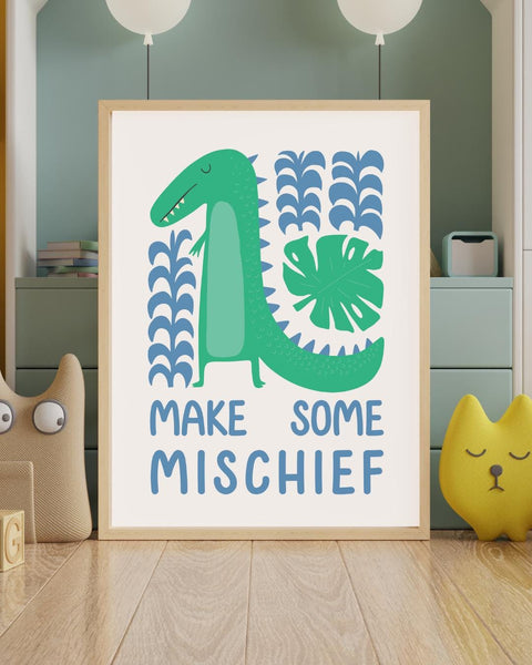 Make Some Mischief Dinosaur Nursery Print, Colourful Kids Wall Art, Scottish Nursery Decor, Dinosaur Bedroom Art, Fun Kids Print