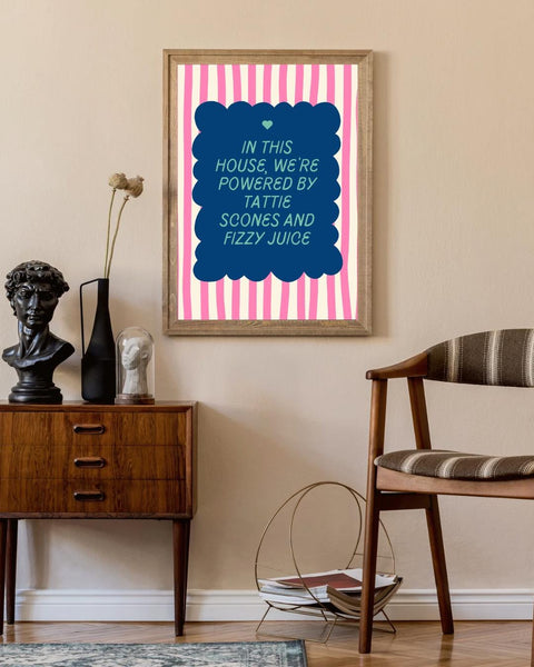 Tattie Scones & Fizzy Juice Print | Funny Scottish Kitchen Wall Art | Scottish Food Gift | Colourful Scots Humour Home Decor (Unframed)
