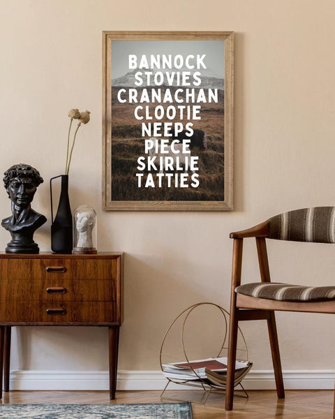 Scottish Food Print | Bannock Stovies Cranachan Wall Art | Scots Language Kitchen Decor | Scotland Gift (Unframed)