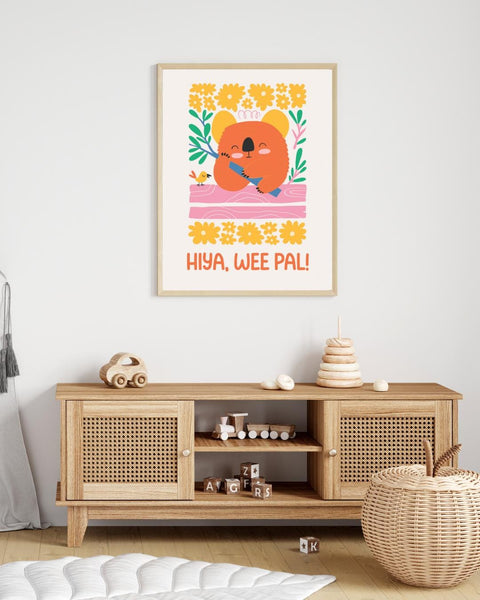 Hiya Wee Pal Koala Nursery Print, Scottish Kids Wall Art, Colourful Animal Nursery Decor, Fun Baby Room Print, Scottish Baby Gift