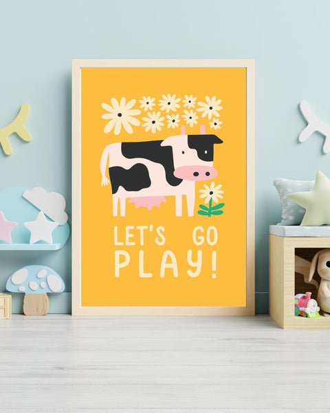 Let’s Go Play Cow Nursery Print, Colourful Farm Animal Wall Art, Kids Room Decor, Baby Nursery Print, Playroom Wall Art