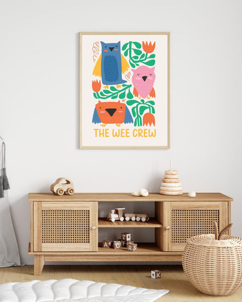 The Wee Crew Scottish Nursery Print, Colourful Owl Wall Art, Scots Kids Room Decor, Scottish Baby Gift, Animal Nursery Print