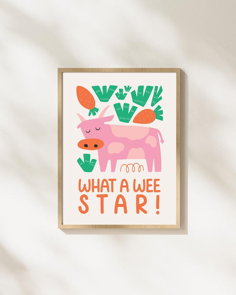 Scottish Cow Nursery Print, What A Wee Star Wall Art, Cute Farm Animal Nursery Decor, Scottish Baby Gift, Colourful Kids Room Print