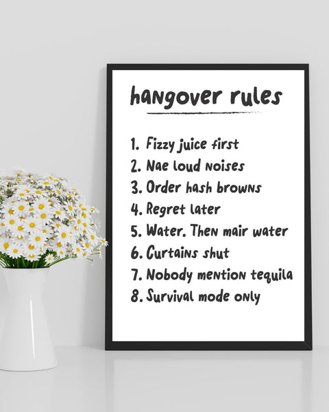 Scottish Hangover Rules Print | Funny Scottish Wall Art | Irn-Bru Gift | Pub Decor | Housewarming Gift (Unframed)