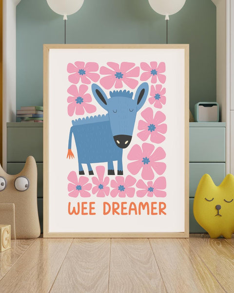 Wee Dreamer Scottish Nursery Print, Donkey Wall Art, Colourful Kids Room Decor, Scottish Baby Gift, Nursery Animal Print