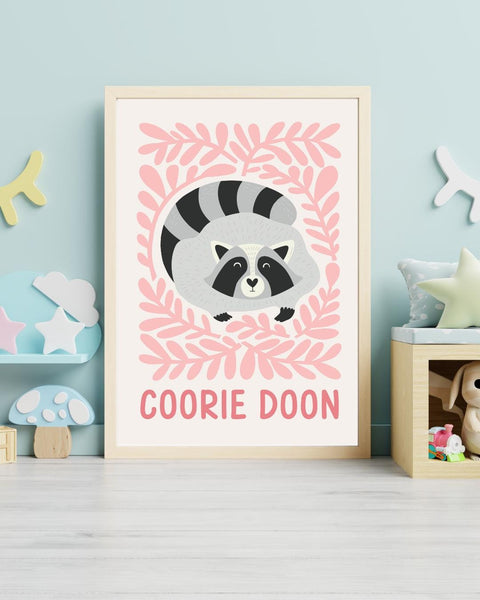 Scottish Raccoon Nursery Print, Coorie Doon Wall Art, Cute Scottish Baby Gift, Woodland Animal Nursery Decor, Kids Bedroom Print