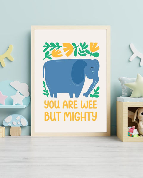 Scottish Elephant Nursery Print, You Are Wee But Mighty Wall Art, Scottish Baby Gift, Colourful Animal Nursery Decor, Kids Room Print