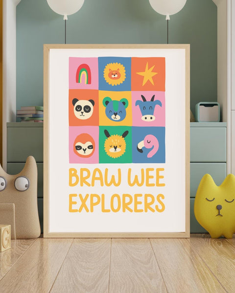 Braw Wee Explorers Nursery Print, Scottish Animal Wall Art, Colourful Kids Room Decor, Fun Scottish Baby Gift, Nursery Art Print