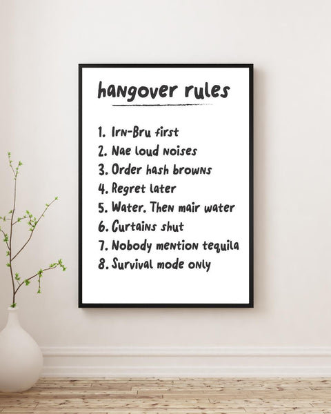 Scottish Hangover Rules Print | Funny Scottish Wall Art | Irn-Bru Gift | Pub Decor | Housewarming Gift (Unframed)