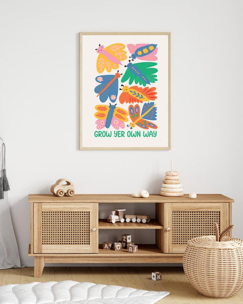 Grow Yer Own Way Scottish Nursery Print, Colourful Butterfly Wall Art, Scots Kids Room Decor, Positive Nursery Art, Scottish Baby Gift