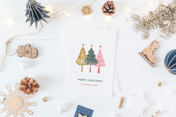 Merry Christmas Card | Colourful Christmas Tree Card | A6 Xmas Greeting Card | Modern Festive Card | Cute Illustrated Christmas Card