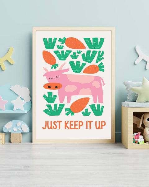 Just Keep It Up Scottish Nursery Print, Colourful Cow Wall Art, Scots Kids Room Decor, Positive Nursery Art, Scottish Baby Gift