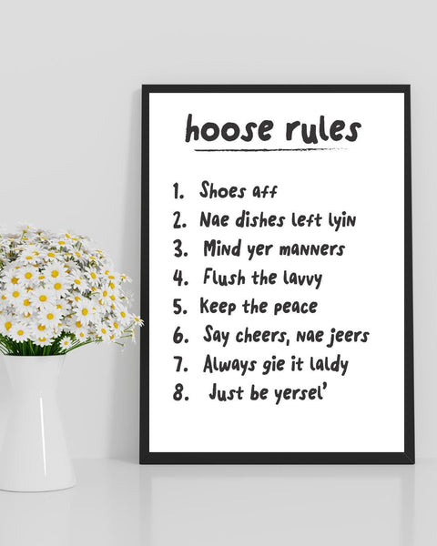 Scottish Hoose Rules Print | Funny Scots Wall Art | Family House Rules Sign | Scottish Home Decor (Unframed)