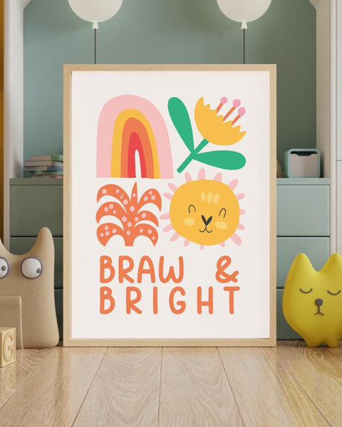 Braw & Bright Scottish Nursery Print, Colourful Lion Wall Art, Scots Language Baby Gift, Rainbow Kids Room Decor, Nursery Art