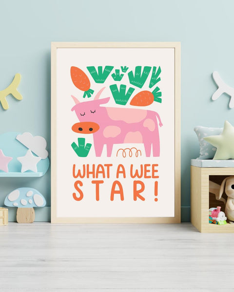 Scottish Cow Nursery Print, What A Wee Star Wall Art, Cute Farm Animal Nursery Decor, Scottish Baby Gift, Colourful Kids Room Print