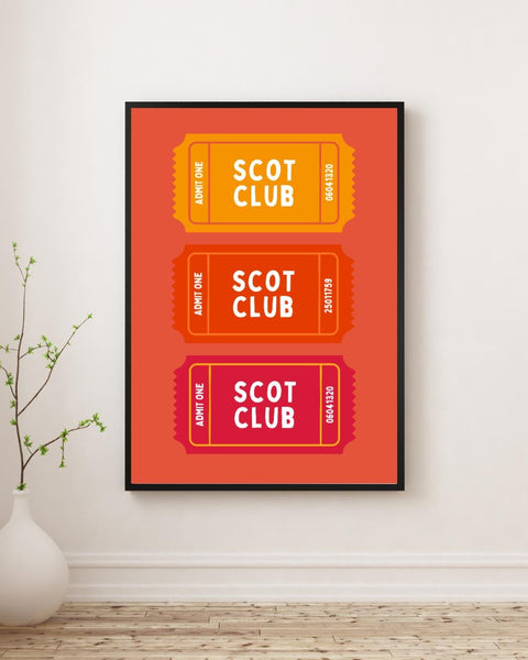 Scot Club Ticket Print | Scottish Wall Art | Colourful Scotland Art | Retro Ticket Poster | Scottish Gift | Fun Scots Home Decor (Unframed)