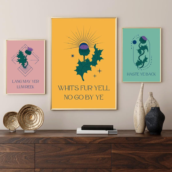 Scottish Thistle Print Set | Scots Sayings Wall Art | Colourful Scottish Prints | Scottish Home Gift | Scotland Gallery Wall Set (Unframed)