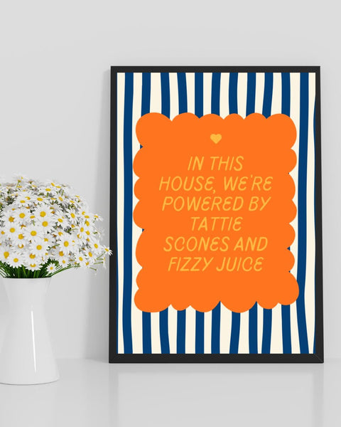 Tattie Scones & Fizzy Juice Print | Funny Scottish Kitchen Wall Art | Scottish Food Gift | Colourful Scots Humour Home Decor (Unframed)
