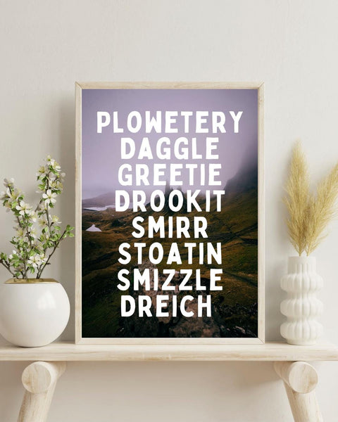 Scottish Rain Words Print | Scots Language Wall Art | Scottish Weather Words Print | Scotland Gift (Unframed)