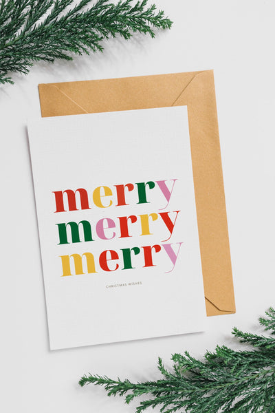 Merry Merry Merry Christmas Card | Colourful Christmas Card | A6 Xmas Greeting Card | Modern Typography Christmas Card | Festive Card