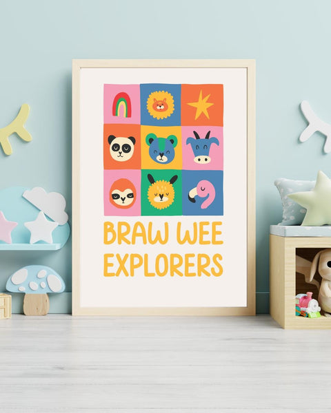 Braw Wee Explorers Nursery Print, Scottish Animal Wall Art, Colourful Kids Room Decor, Fun Scottish Baby Gift, Nursery Art Print