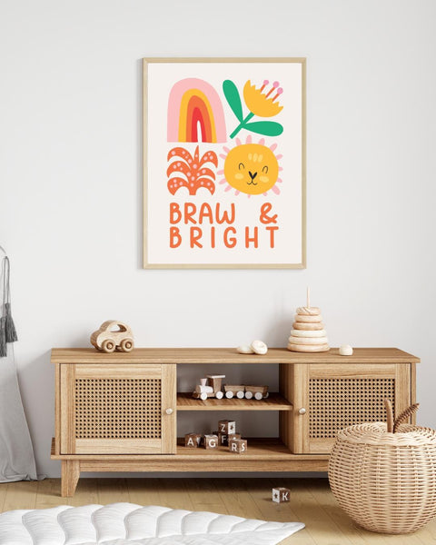 Braw & Bright Scottish Nursery Print, Colourful Lion Wall Art, Scots Language Baby Gift, Rainbow Kids Room Decor, Nursery Art