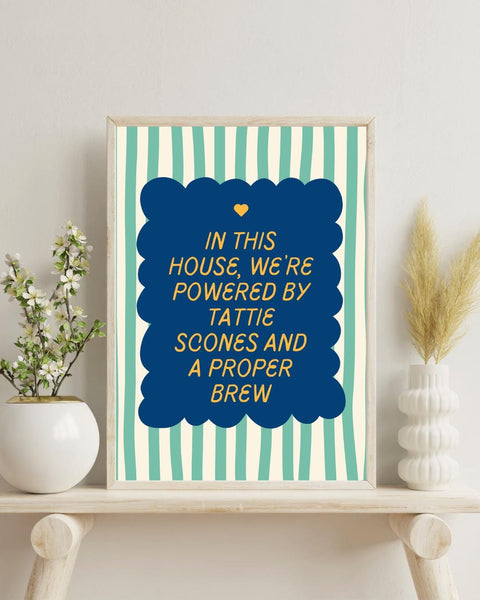 Tattie Scones & Proper Brew Print | Funny Scottish Kitchen Wall Art | Scottish Food Print | Colourful Scots Humour Gift (Unframed)