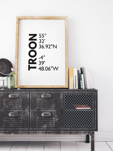 Troon Latitude Longitude Definition UNFRAMED PRINT | Scots Room Home Decor | Scotland Themed Gift Scottish Souvenir