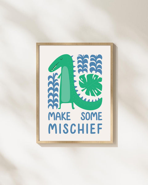 Make Some Mischief Dinosaur Nursery Print, Colourful Kids Wall Art, Scottish Nursery Decor, Dinosaur Bedroom Art, Fun Kids Print