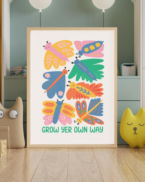 Grow Yer Own Way Scottish Nursery Print, Colourful Butterfly Wall Art, Scots Kids Room Decor, Positive Nursery Art, Scottish Baby Gift
