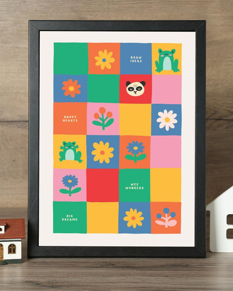Colourful Scottish Nursery Print, Patchwork Kids Wall Art, Braw Ideas Wee Wonders Big Dreams, Scots Nursery Decor, Scottish Baby Gift
