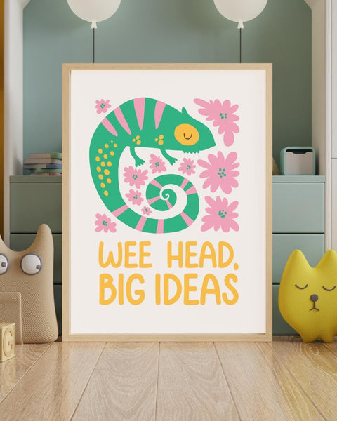 Wee Head Big Ideas Scottish Nursery Print, Colourful Chameleon Wall Art, Scots Kids Room Decor, Positive Nursery Art, Scottish Baby Gift