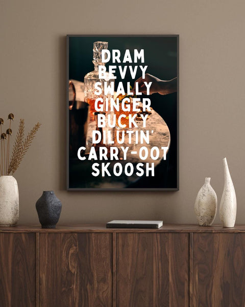 Scottish Drinking Words Print | Dram Bucky Bevvy Wall Art | Scots Language Poster | Whisky Gift for Him (Unframed)