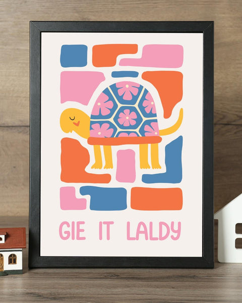 Gie It Laldy Scottish Nursery Print, Colourful Tortoise Wall Art, Scots Kids Room Decor, Positive Nursery Art, Scottish Baby Gift