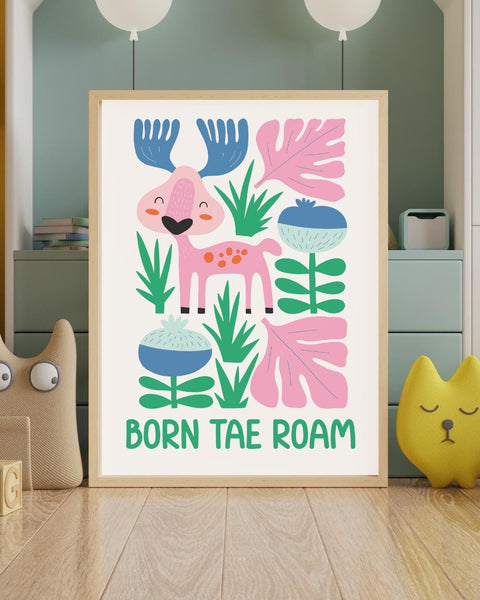 Born Tae Roam Scottish Nursery Print, Moose Kids Wall Art, Colourful Animal Nursery Decor, Scottish Baby Gift, Adventure Nursery Art