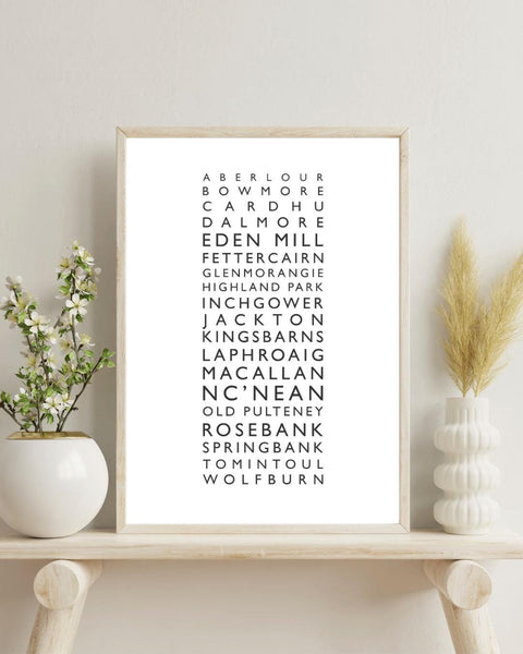 Minimalist framed wall print on a light wooden shelf, featuring a vertical list of Scottish whisky distilleries in clean black typography on a white background. The central text includes names like Aberlour, Bowmore, Cardhu, Dalmore, Eden Mill, Glenmorangie, Laphroaig, Macallan, and more. Styled with a neutral, Scandinavian-inspired aesthetic, the frame is surrounded by simple decor: a white vase with small blossoms on the left and a textured ceramic vase with dried grasses on the right.