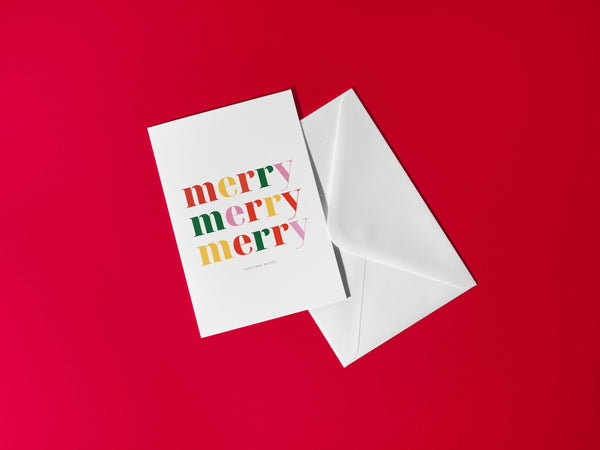 Merry Merry Merry Christmas Card | Colourful Christmas Card | A6 Xmas Greeting Card | Modern Typography Christmas Card | Festive Card