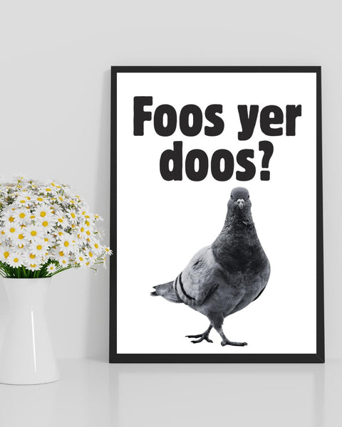 Foos Yer Doos UNFRAMED PRINT | Funny Scottish Pigeon Wall Art | Scots Phrase Poster | Pigeon Lover Gift | Scots Banter Slang | Doric Sayings