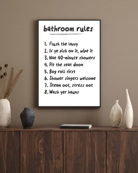 Scottish Bathroom Rules Print | Funny Scots Bathroom Wall Art | Bathroom Decor | Housewarming Gift (Unframed)