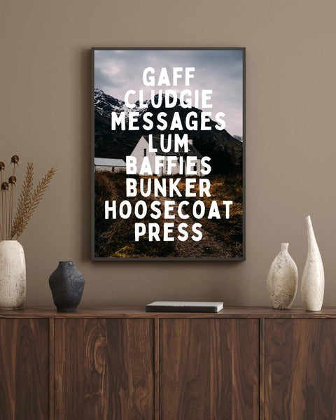 Scottish Home Words Print | Gaff Cludgie Lum Wall Art | Scots Language Decor | Scotland Housewarming Gift (Unframed)