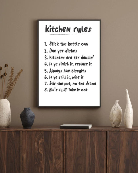 Scottish Kitchen Rules Print | Funny Scots Kitchen Wall Art | Kitchen Decor | Housewarming Gift (Unframed)