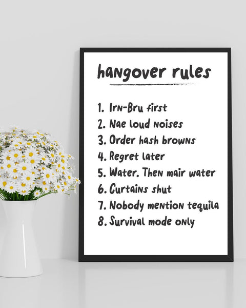 Scottish Hangover Rules Print | Funny Scottish Wall Art | Irn-Bru Gift | Pub Decor | Housewarming Gift (Unframed)