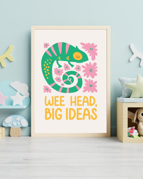 Wee Head Big Ideas Scottish Nursery Print, Colourful Chameleon Wall Art, Scots Kids Room Decor, Positive Nursery Art, Scottish Baby Gift