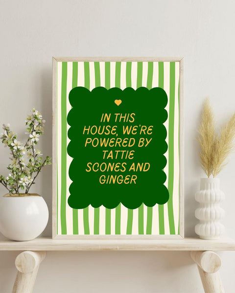 Powered by Tattie Scones & Ginger | Funny Scottish Kitchen Wall Art | Scottish Food Print | Scots Humour Gift | Colourful Decor (Unframed)