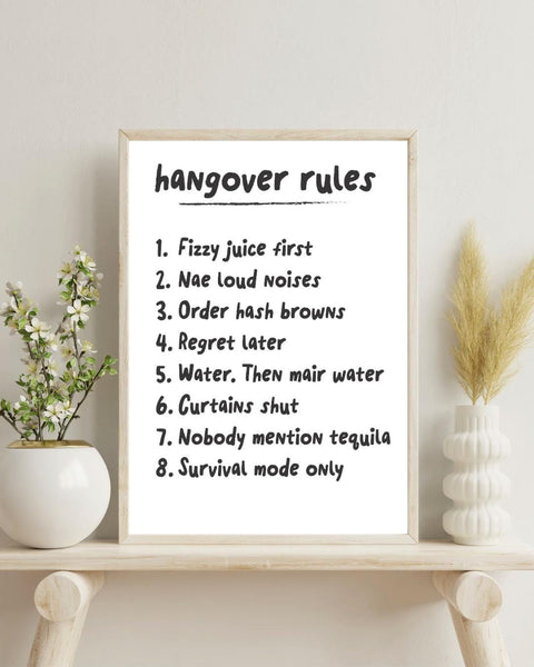 Scottish Hangover Rules Print | Funny Scottish Wall Art | Irn-Bru Gift | Pub Decor | Housewarming Gift (Unframed)