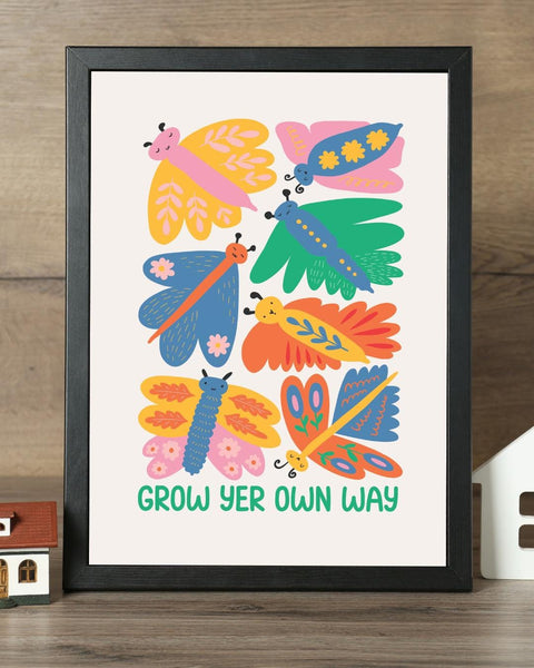 Grow Yer Own Way Scottish Nursery Print, Colourful Butterfly Wall Art, Scots Kids Room Decor, Positive Nursery Art, Scottish Baby Gift