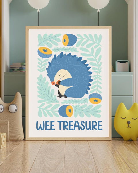Scottish Hedgehog Nursery Print, Wee Treasure Wall Art, Cute Woodland Nursery Decor, Scottish Baby Gift, Colourful Kids Room Print